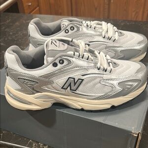 New Balance Metallic Silver and Cream Sneakers